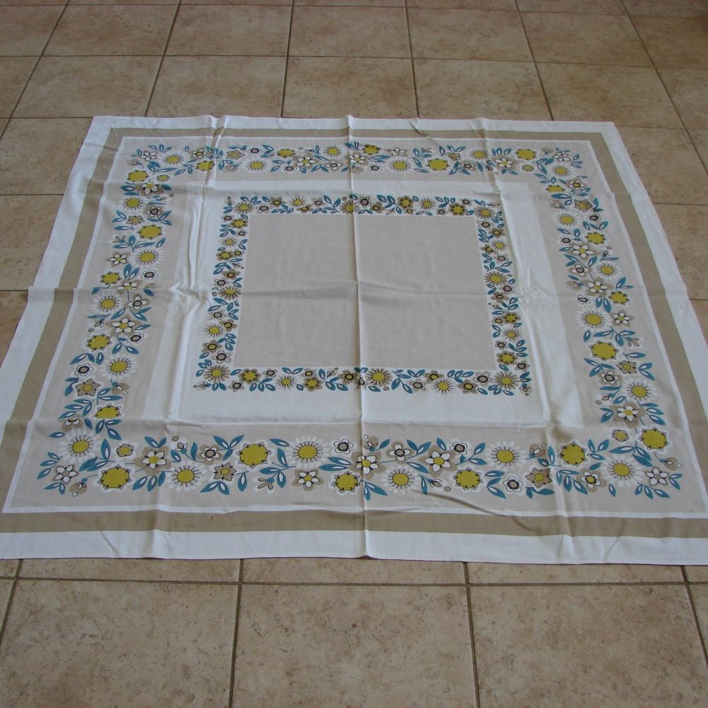 White Floral Square Tablecloth with Yellow and Blue Accents